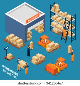 Warehouse isometric icons concept with workers  loading boxes to stacks using forklifts   vector illustration
