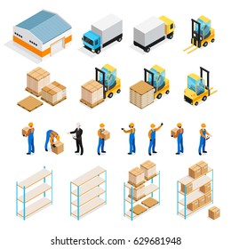 Warehouse isometric set including manager and workers, goods, trucks and forklifts, pallets and shelves isolated vector illustration