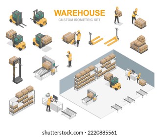 warehouse isometric set management iot system for factory shipment  forklift worker and goods vector for custom