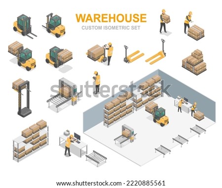 warehouse isometric set management iot system for factory shipment  forklift worker and goods vector for custom