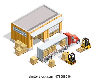 Warehouse isometric template with storage and forklifts loading cargo into truck vector illustration