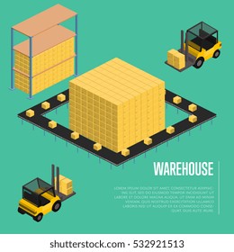 Warehouse isometric vector illustration. Forklift truck with packing boxes in warehouse terminal interior, loading process. Freight delivery, cargo shipment process, storage logistics and distribution