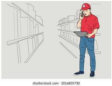 Lagerhalter in roter Uniform mit einer Note. Rufen Sie seinen Partner an, die vorhandenen Waren zu überprüfen. Handgezeichnete Vektordesign-Illustrationen.