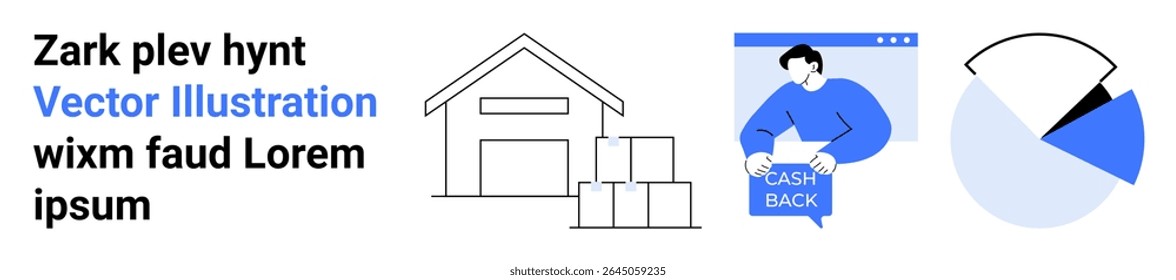 Warehouse line drawing with boxes, man holding cash back sign, pie chart. Ideal for e-commerce, logistics, finance, presentations, web design, marketing, app development. Landing page