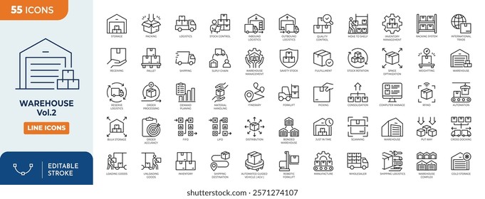 Warehouse line editable icon set. containing logistics, storage, inventory, distribution, warehouse management, supply chain, shipping, goods and more. Vector illustration	
