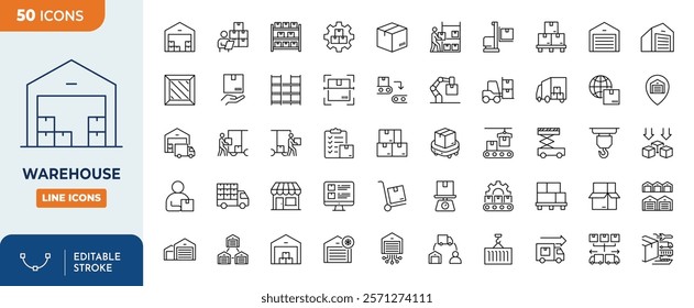 Warehouse line editable icon set.	
