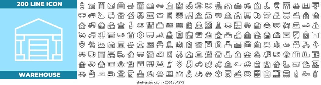 Warehouse Line Editable Icons set. Vector illustration in modern thin line style of warehouse icons: Containing warehouse, database, box, inventory, container, shelf, etc