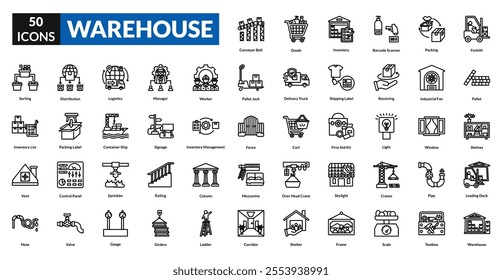 Warehouse line icon collection set. Includes storage, logistics, inventory, shipping, pallet, forklift, supply, distribution, crate, loading, goods, container, packaging, shelves, depot