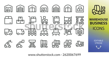 Warehouse line icons set. Set of warehouse building, forklift, stock picker, boom lift, telehandler, pallet, warehouse trolley cart, storage shelves vector icon with editable stroke