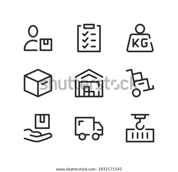 Warehouse line icons set. Modern graphic design\
concepts, black stroke linear symbols, simple outline elements\
collection. Vector line\
icons