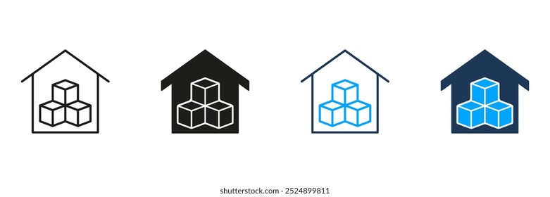 Warehouse Line and Silhouette Icon Set. Storage Building Pictogram. Storehouse for Shipping Service Symbol. Commercial Cargo Box in Store House Sign. Editable Stroke. Isolated Vector Illustration.