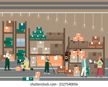 Warehouse loaders, manager, storekeeper engaged in work. Receiving, shipping and storage of goods, vector illustration.