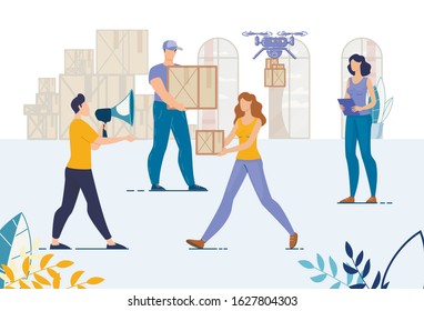 Warehouse and Loaders, Movers Team. Man Manager with Megaphone Controlling Loading. Logistic Working Process. Storeroom Technology Work. Aircraft Drone Delivery Service. Cargo Company Staff