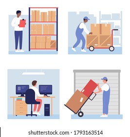 Warehouse loading boxes vector illustration set. Cartoon flat worker staff people work, load packages and containers, storage operator character controls loading warehousing process isolated on white