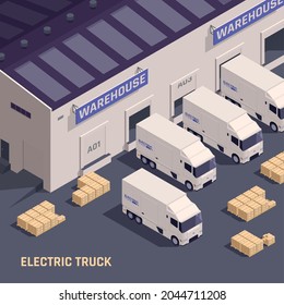Warehouse loading dock with goods vehicles electric trucks delivery vans loaded and unloaded isometric composition vector illustration