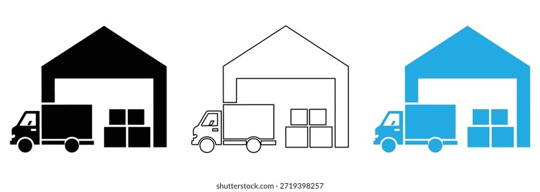 Warehouse loading docks with delivery trucks in different colors,Warehouse icon sheet multiple style collection,Delivery Truck icon set. Express delivery trucks icons. Fast shipping truck.