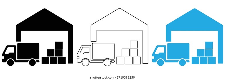 Warehouse loading docks with delivery trucks in different colors,Warehouse icon sheet multiple style collection,Delivery Truck icon set. Express delivery trucks icons. Fast shipping truck.