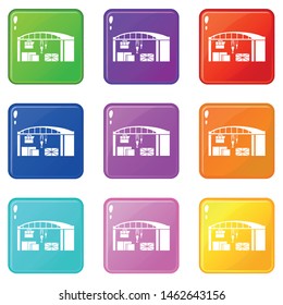 Warehouse for loading icons set 9 color collection isolated on white for any design
