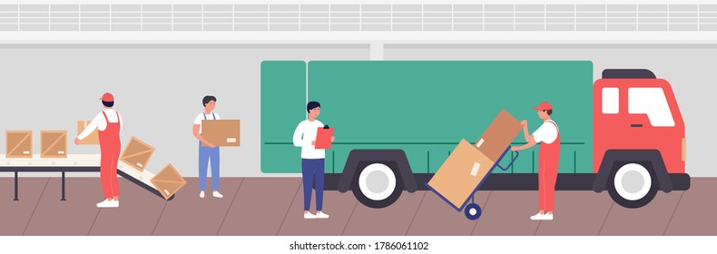 Warehouse Loading Process Vector Illustration. Cartoon Flat Worker People Packaging Goods Into Boxes For Transportation By Truck In Storehouse Stock Room Interior Of Warehousing Company Background