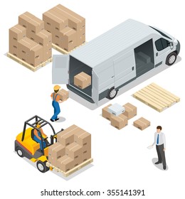 Warehouse. Loading and unloading from warehouse. Delivery and logistic, storage and truck, transportation industry, delivery and logistic. Vector isometric illustration.