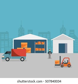 Warehouse. Loading and unloading from warehouse. Storage and truck, transportation industry, delivery and logistic.