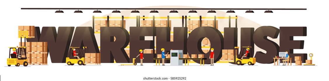 warehouse logistic background isometric objects car human forklift boxes workers vector eps 10