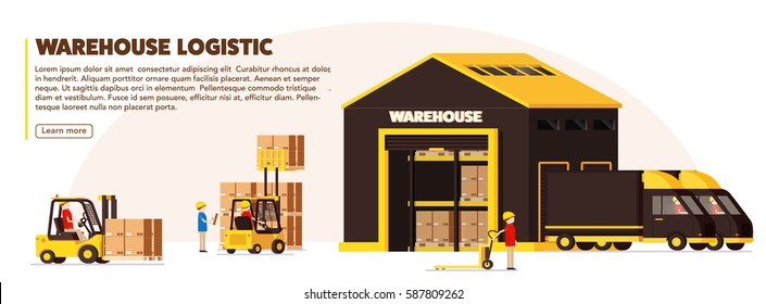 warehouse logistic background isometric objects car human forklift boxes workers vector eps 10 set