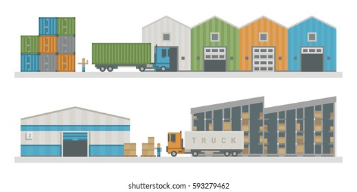 Warehouse logistic buildings vector illustration.
