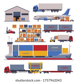 Conjunto de logística y entrega de almacén, edificio de almacenamiento y vehículos de transporte de carga Ilustración vectorial de estilo plano sobre fondo blanco