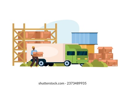 Warehouse logistic flat composition with storehouse worker loading package into delivery truck vector illustration