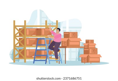 Warehouse logistic flat with man near storage shelf vector illustration