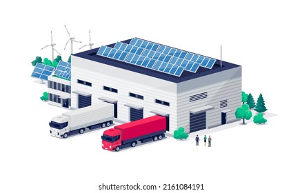 Warehouse logistic hall centre with semi truck unloading process. Company business cargo transport delivery vehicles. Renewable solar wind electricity energy factory. Retail shipping distribution.