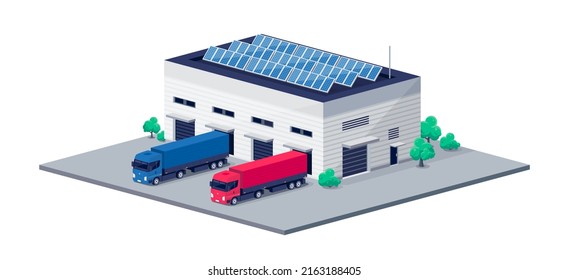 Warehouse logistic hall centre with semi truck unloading process. Company business cargo transport delivery vehicles. Renewable solar electricity energy on factory roof. Retail shipping distribution.