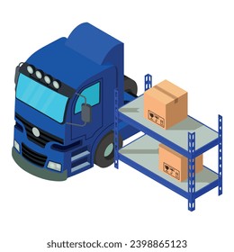 Icono de logística de almacén vector isométrico. Gran camión cerca del depósito con caja. Concepto de transporte y entrega