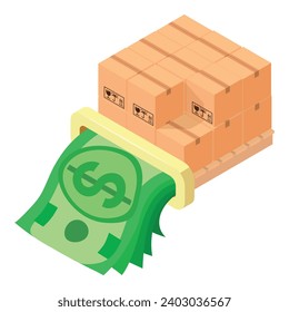 Warehouse logistic icon isometric vector. Parcel box on pallet and dollar bill. Logistic concept, warehouse service