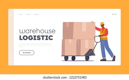 Plantilla de la página de aterrizaje logístico de almacén. Trabajador en Camión Uniforme de Conducción con Cajas de Cartón. Cargo Transportation Storage Export and Import Merchandise, Inventory. Ilustración del vector de dibujos animados