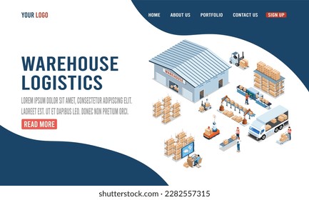 Warehouse Logistic Landing page template. with Workers loading products on belt conveyor and Transportation operation service for website and mobile website. Vector illustration eps10