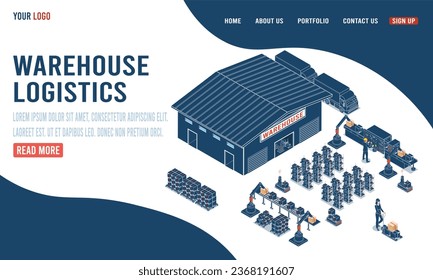 Warehouse Logistic Landing page template with Workers loading products on belt conveyor and Transportation operation service for website and mobile website. Vector illustration eps10