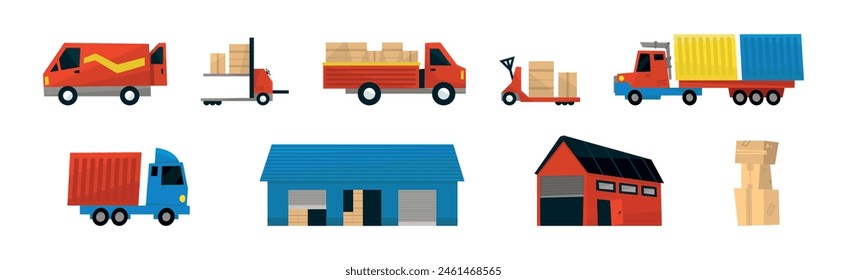 Warehouse and Logistic Service with Building, Truck and Cardboard Box Vector Set