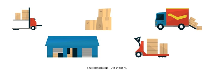 Warehouse and Logistic Service with Forklift, Cardboard Box and Truck Vector Set