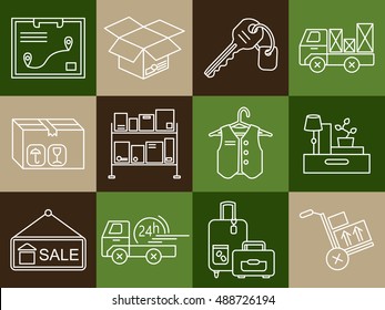 Warehouse logistic thin line icons. Moving home, moving house business services logo. Vector thin line icons.