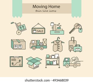 Warehouse logistic thin line icons. Moving home, moving house business services logo. Vector thin line icons.