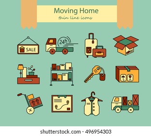 Warehouse logistic thin line icons. Moving home, house business services logo. Vector thin line icons.