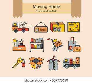 Warehouse logistic thin line icons. Moving home, moving house business services logo.