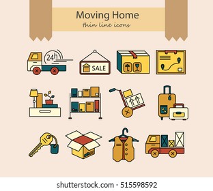 Warehouse logistic thin line icons. Moving home, house business services logo.