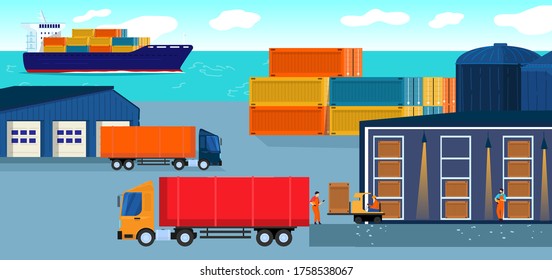 Warehouse logistic vector illustration. Cartoon flat worker people working in storehouse, loading packages boxes in courier truck, ship shipping goods, warehousing delivery cargo service background