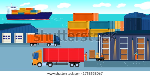 Warehouse logistic vector illustration.\
Cartoon flat worker people working in storehouse, loading packages\
boxes in courier truck, ship shipping goods, warehousing delivery\
cargo service\
background