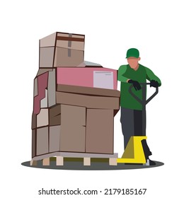 Warehouse or logistic worker transporting carton boxes of parcels on pallet jack. Man carrying packages on manual trolley with handle. Vector illustration.