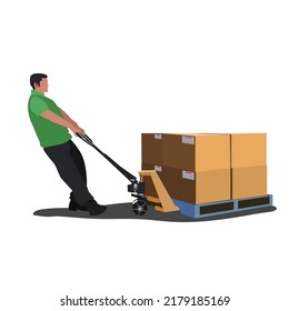 Warehouse Or Logistic Worker Transporting Carton Boxes Of Parcels On Pallet Jack. Man Carrying Packages On Manual Trolley With Handle. Vector Illustration.