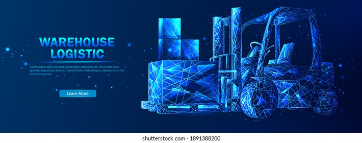 Warehouse logistics. Abstract vector in futuristic polygonal style with wireframe, lowpoly triangles on a blue background with stars. Logistics concept. Transportation and distribution of goods.